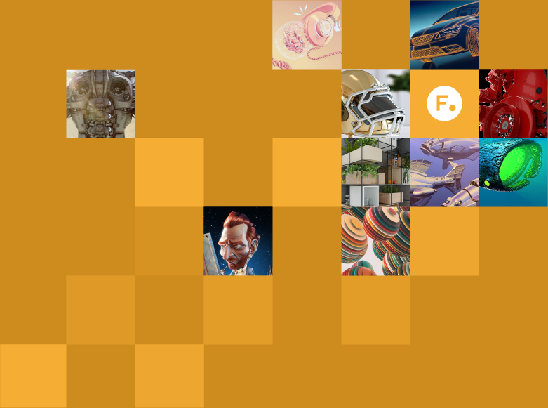 A montage of small images assembled into one, including the Foundry logo and stills produced using Foundry software. Those stills include an American football helmet, a futuristic car, pink headphones and robotic fish.