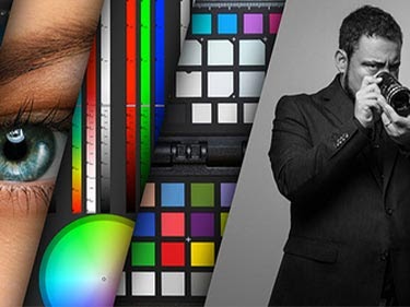 A collection of images merged together, including a close-up of a blue eye, a man in a suit holding a camera and images showing a variety of bright colours.