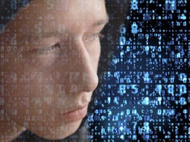 Close-up of a woman's face alongside a scattered collection of numbers that are blue.