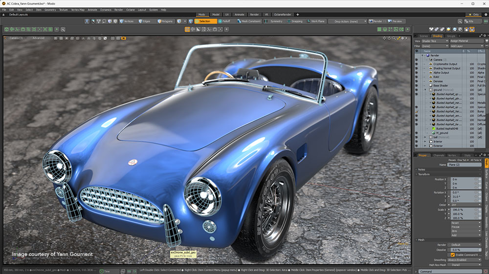 A blue sports car displayed in Modo 17.0 