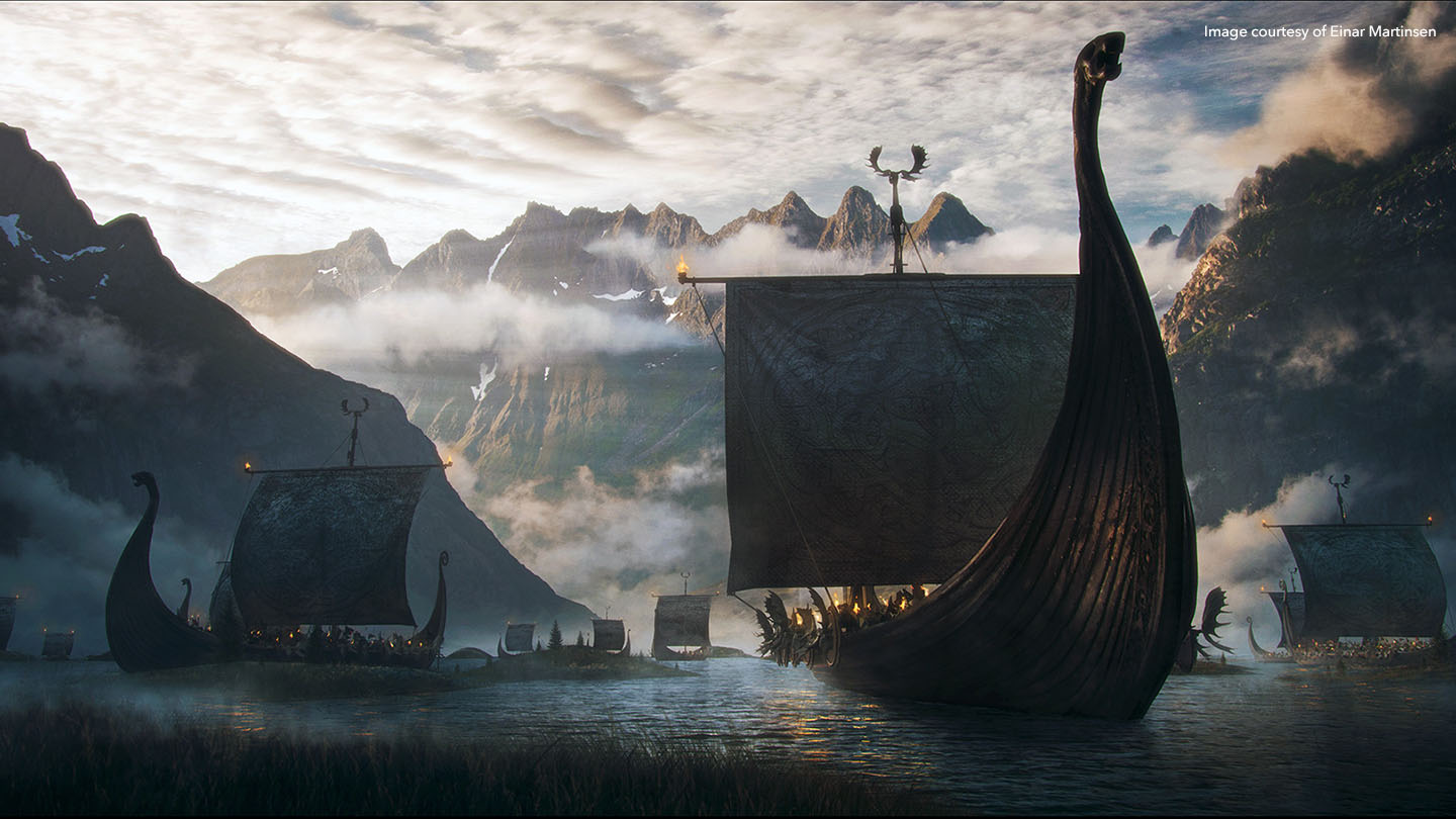 Norse ships sailing against a stormy sky