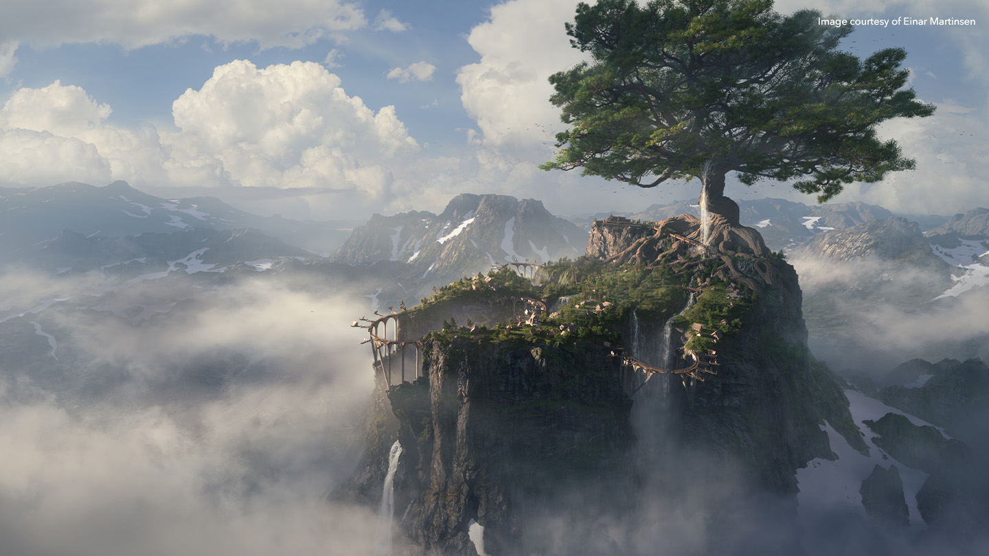 Nuke 16.0 artwork featuring large tree on mountain in fantasy world