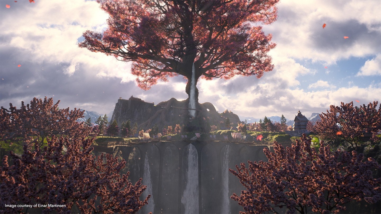 Nuke 16.0 artwork with large tree with red leaves in fantasy world