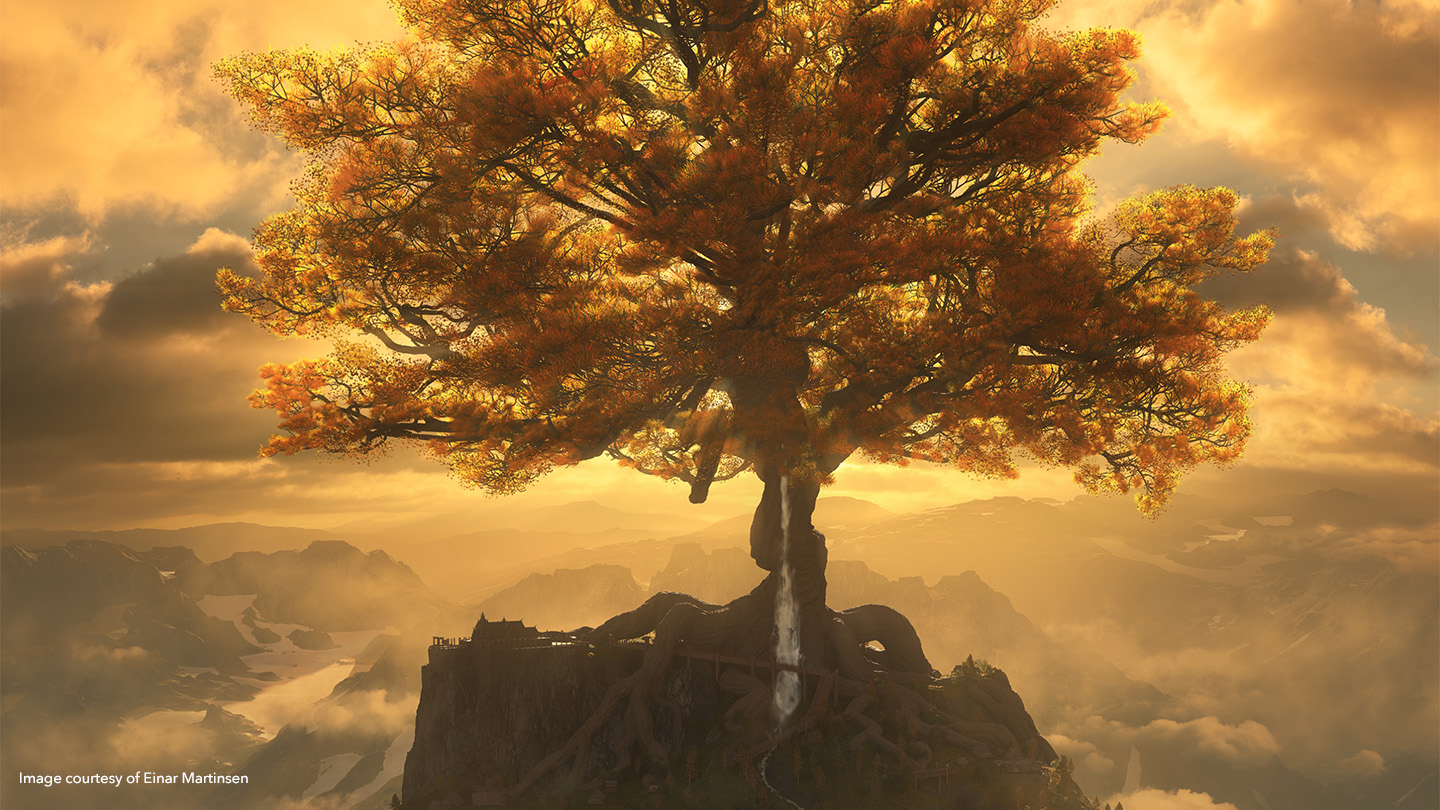 Nuke 16.0 artwork featuring tree with golden leaves in golden hour sunshine