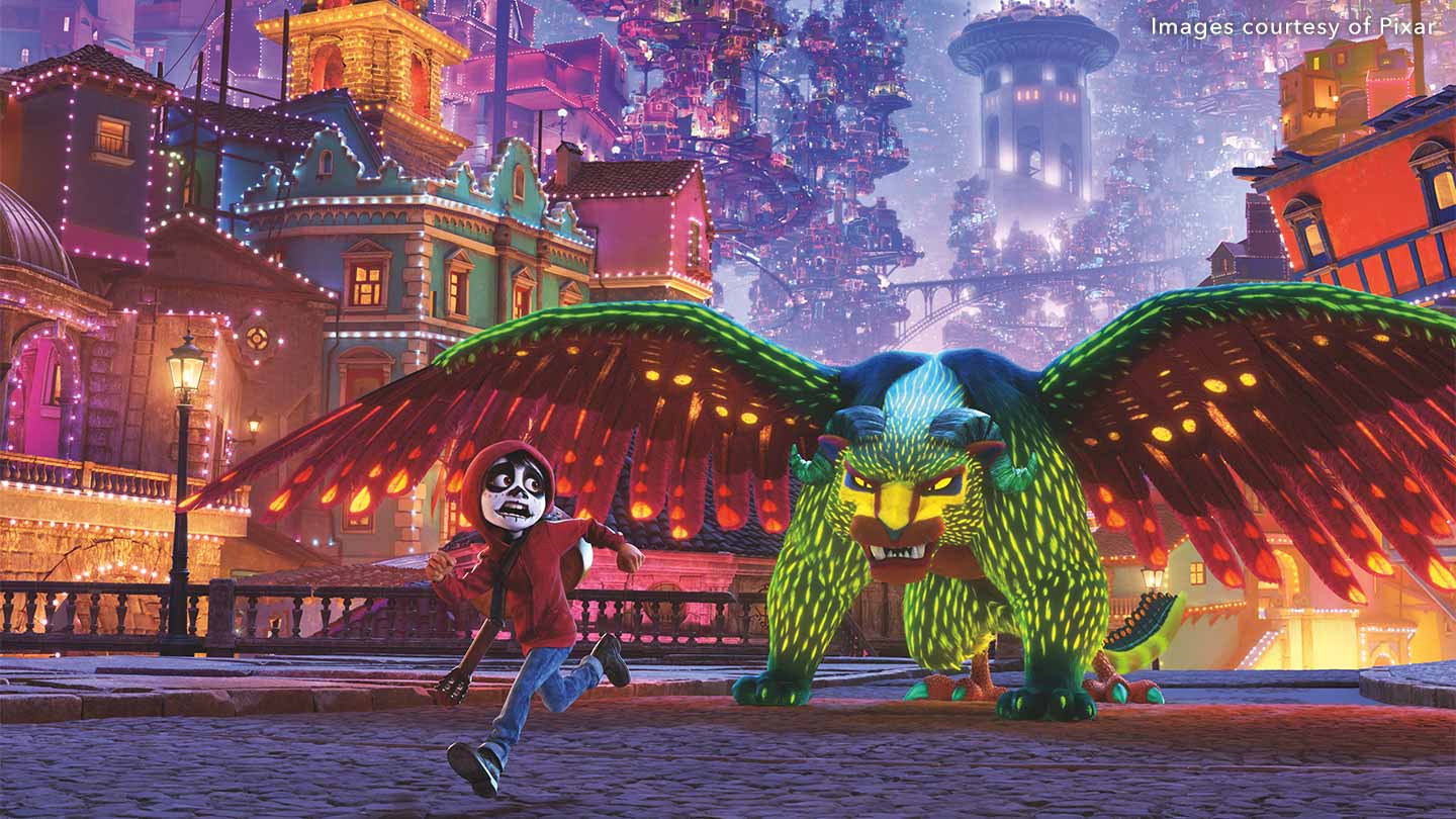 Large colourful creature cashing young boy