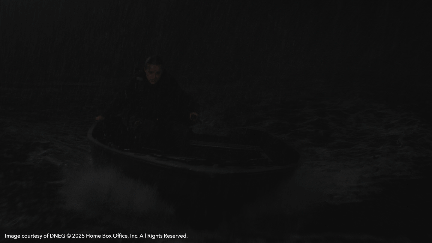 Ellie in a boat on the dark sea in The Last of Us season 2
