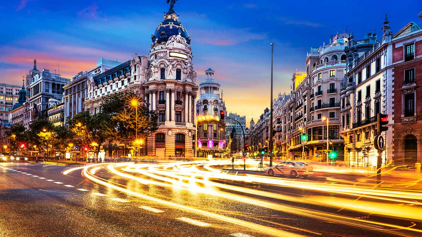 Vibrant Madrid cityscape at night