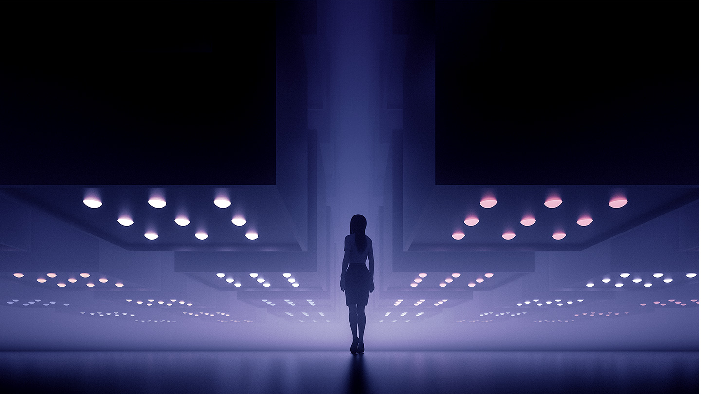 Ethical Dilemma woman at abstract crossroads in 3d