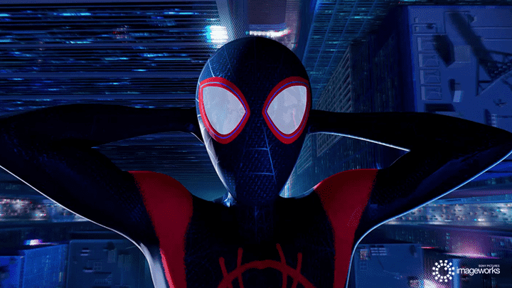 A still of Spider-Man with his arms behind his head high above a city landscape, taken from the Spider-Man: Across the Spider-Verse film.
