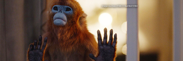 A dæmon from His Dark Materials looking sad with its hands against some glass, as if longing for something or someone.