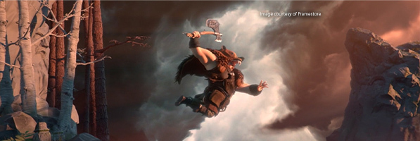 A still from a short film titled depicting a beastly character leaping through the air while showing teeth and wielding an axe.