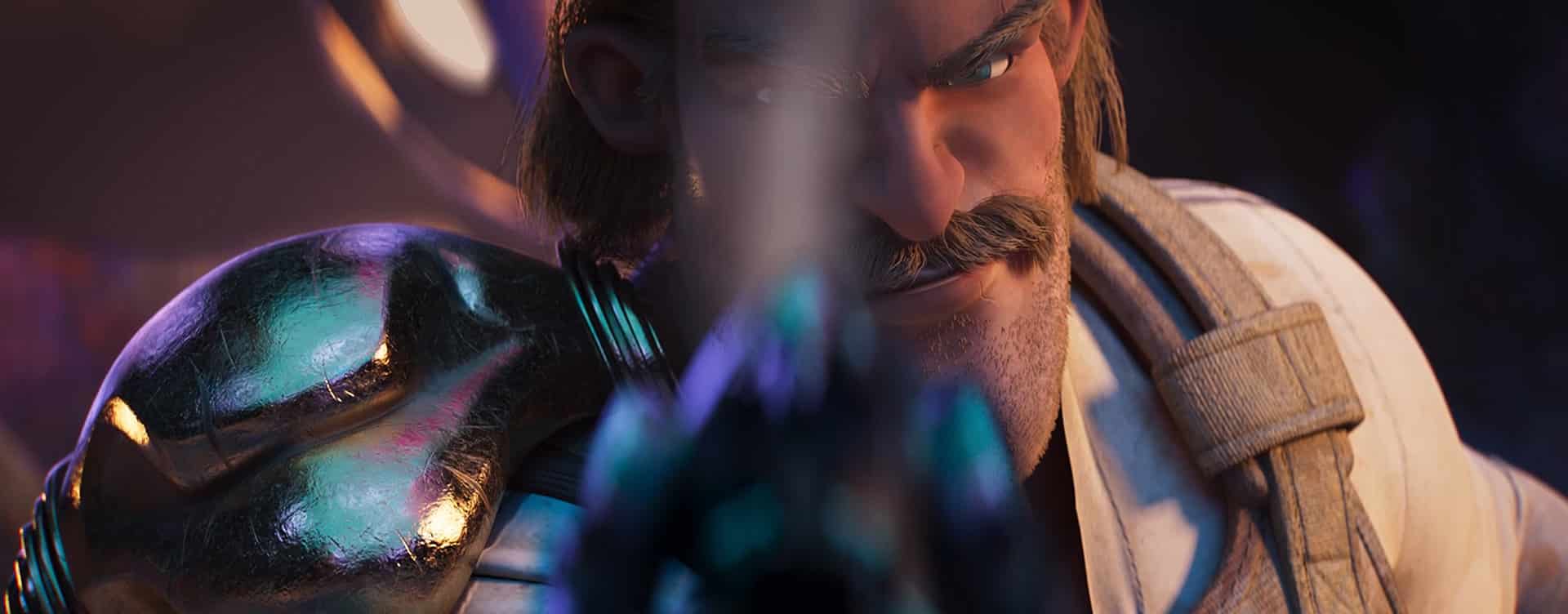 A close-up of the Bounty Hunter character from the short animation titled 'Bounty Hunter', which uses Katana for lighting purposes.