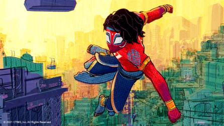 Pavitr Prabhakar as Spider-Man with Mumbatten skyscrapers in the background