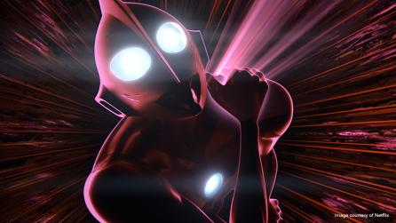 Close-up of Ultraman against a vivid manga-style background