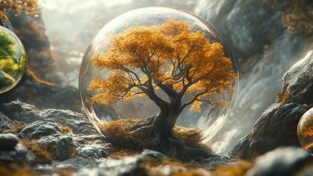 Trees surrounding by marbles showing progression and growth