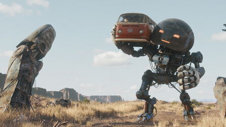 Robot character Herman carrying a camper van in Netflix film The Electric State