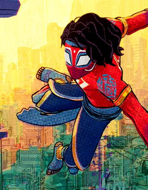 Pavitr Prabhakar as Spider-Man with Mumbatten skyscrapers in the background