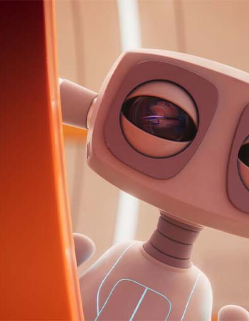 A 3D animated robot peers around a corner in a still from short film Alone