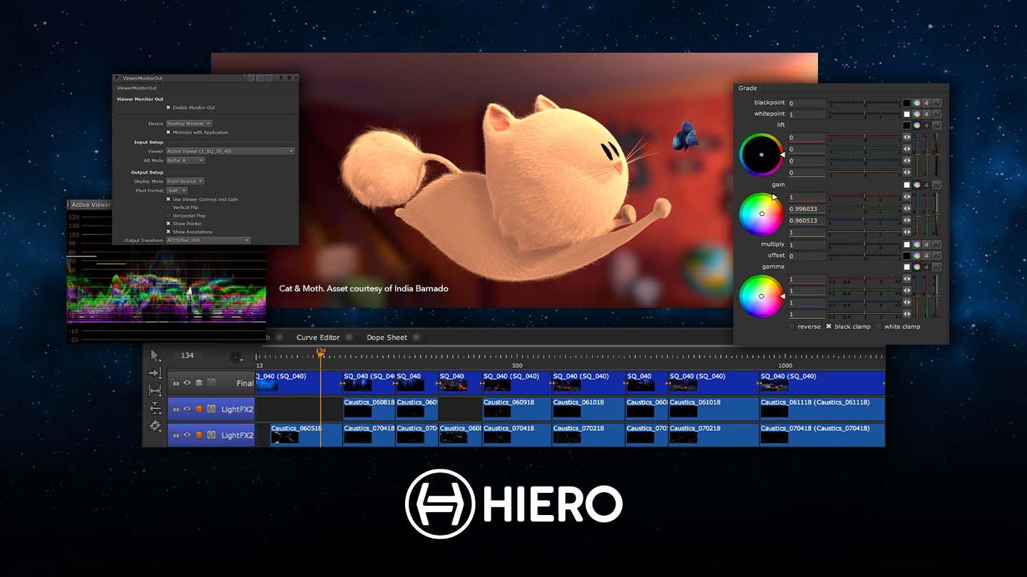 Foundry's intuitive editorial tool Hiero in use, producing a scene for the short film Cat & Moth. The animated cat is mid-air, face-to-face with the blue moth.