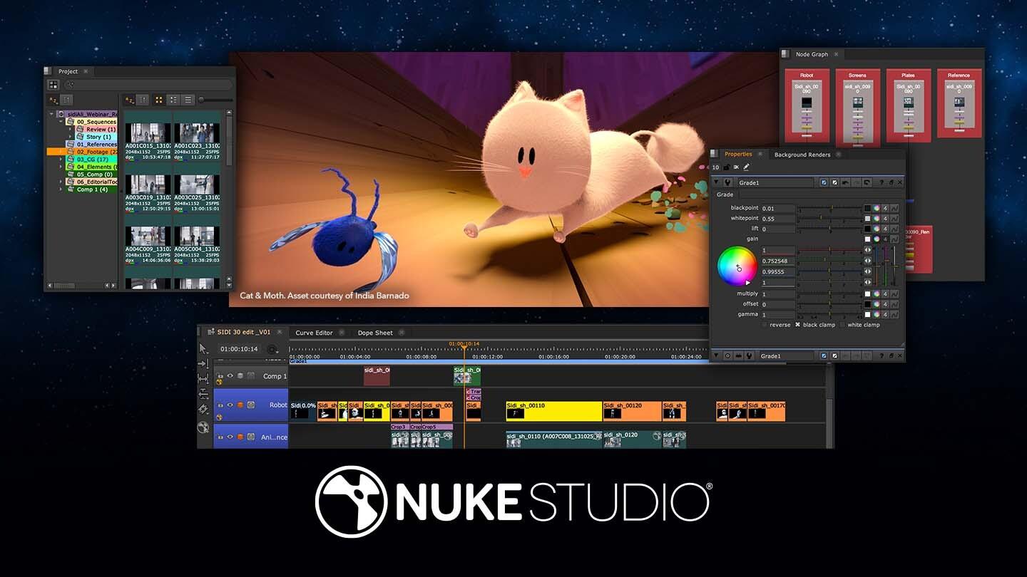 Nuke Studio compositing toolset in use on the cartoonish short film Cat & Moth. In this scene, the cat appears to be chasing after the moth.