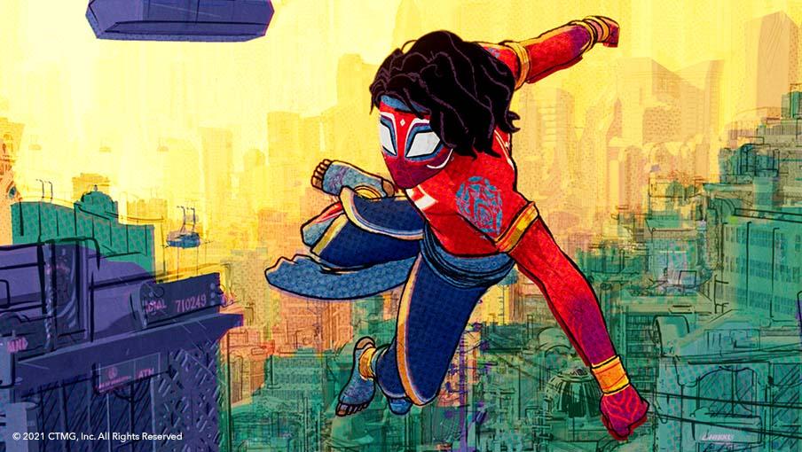 Pavitr Prabhakar as Spider-Man with Mumbatten skyscrapers in the background