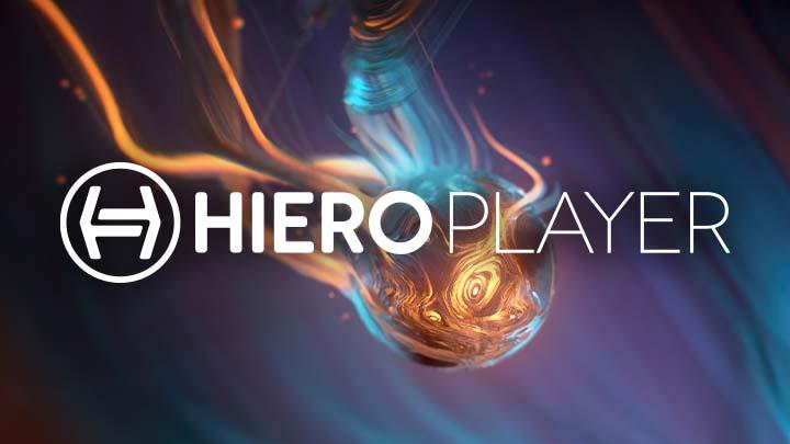 The Hiero logo and words HieroPlayer over an abstract background, which has the primary colours blue and orange.