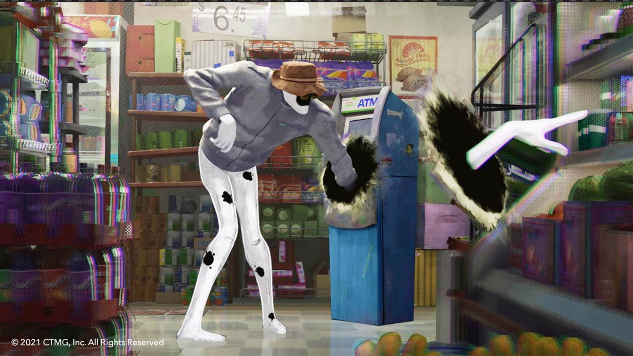 The Spot using an ATM in a convenience store, with spots and 3D effect added